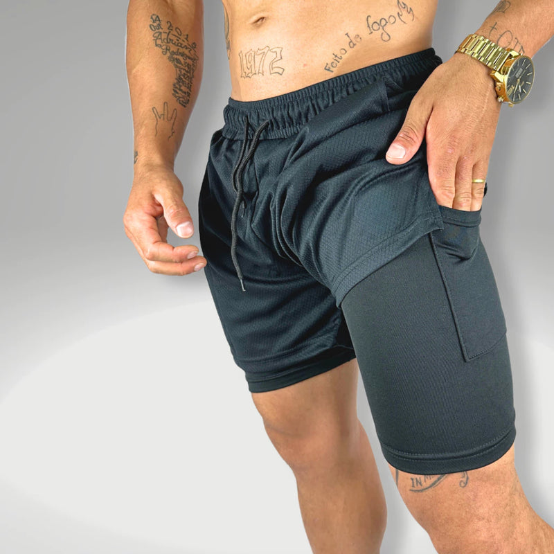 Shorts Compressão 2 em 1 Fitness Masculino - Liberdade de Movimento e Segurança.