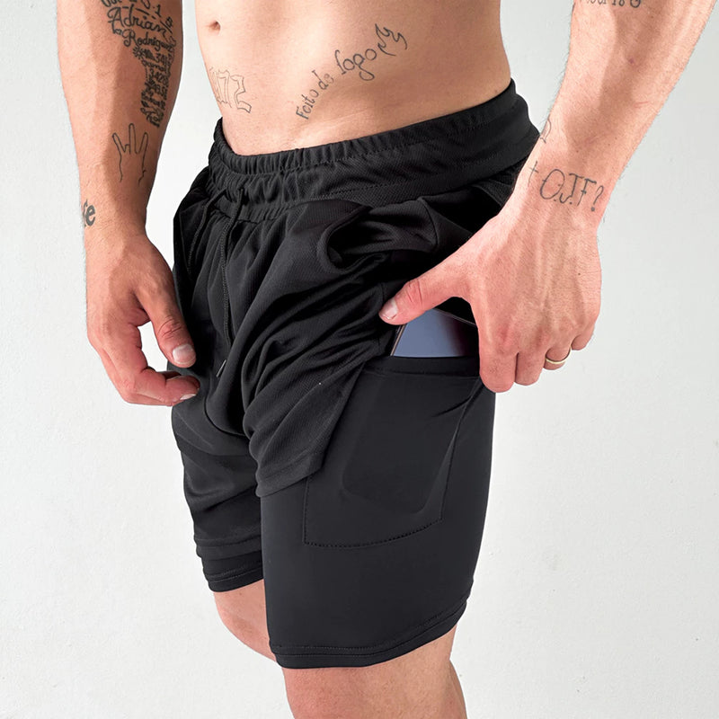 Shorts Compressão 2 em 1 Fitness Masculino - Liberdade de Movimento e Segurança.