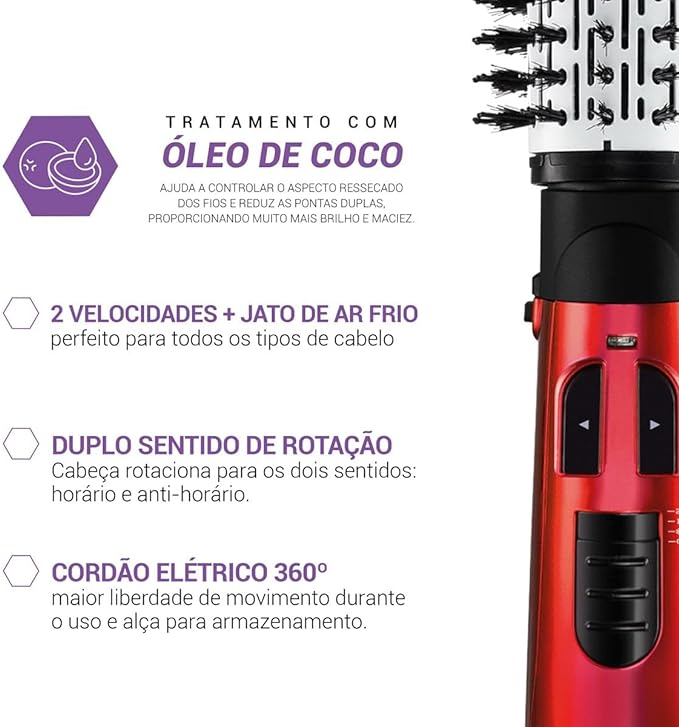 Escova Rotativa Spin Brush 1100W - Seque, modele e hidrate seu cabelo com facilidade.