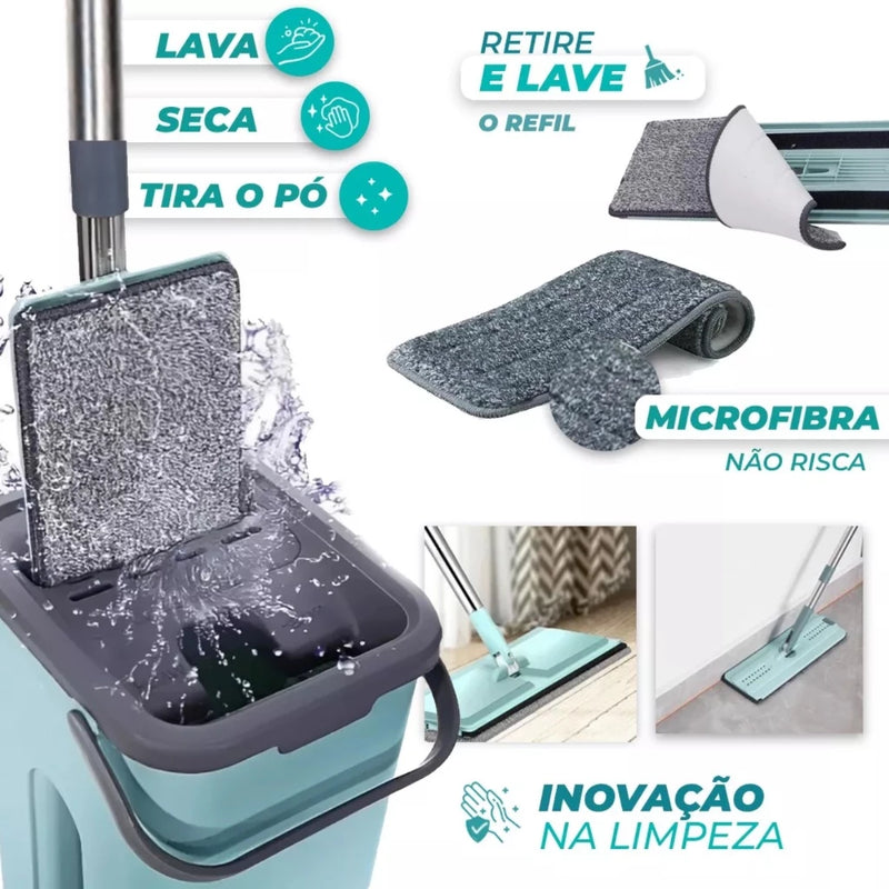 Esfregão Flat Mop com Balde Mágico AuraClean - Economize Tempo e Esforço com o Mop que Lava, Seca e Varre!